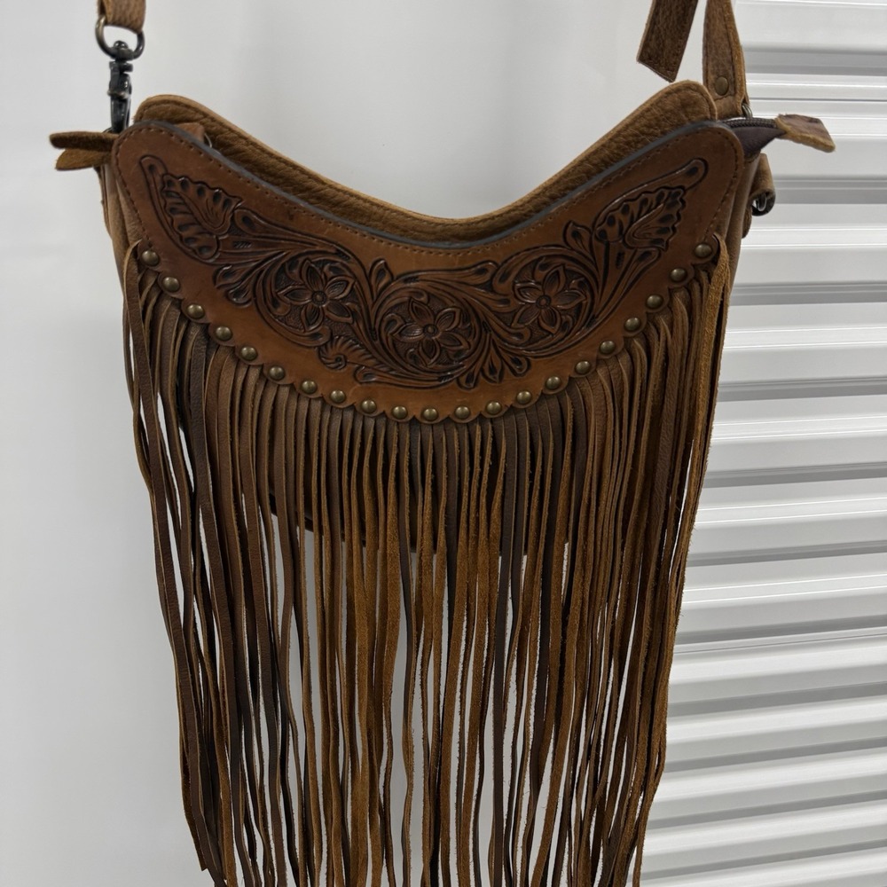 American Darling Brown Leather Tooled Floral Fringe Crossbody Western Purse